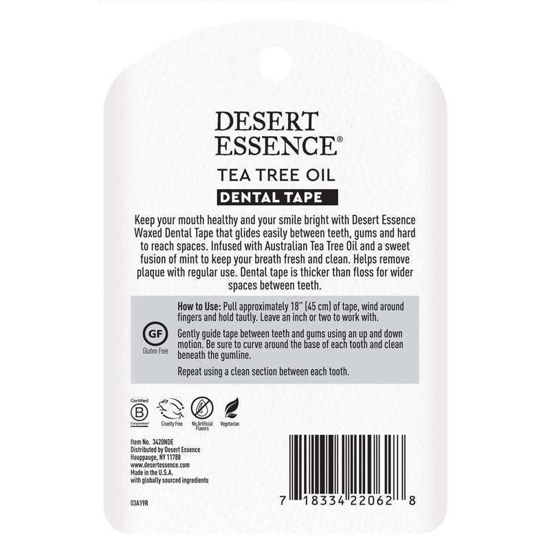 Desert Essence Tea Tree Oil Dental Tape - 12 Count (Pack of 1) - Naturally Waxed w/Beeswax - Thick Flossing No Shred Tape - On The Go - Removes Food Debris Buildup - Cruelty-Free Antiseptic 1080 Foot (Pack of 1)