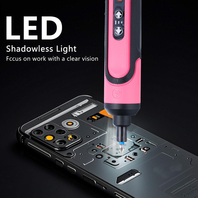 Electric Screwdriver Rechargeable, 4V Cordless Screwdriver, with 3 Gear Torque Adjustment and 26 Bits, Extension Rod, USB Charging Cable, Suitable for Furniture or Appliance Repair Pink