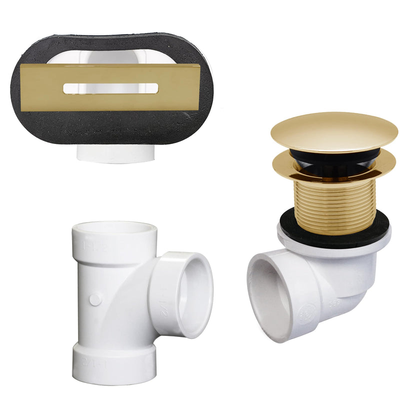 Westbrass D560RK-01 SCH. 40 PVC 1-1/2" Coarse Thread Plumber's Pack Tip-Toe Bathtub Drain Plug with Linear Overflow Faceplate, Tee & Elbows, Polished Brass 1-Pack