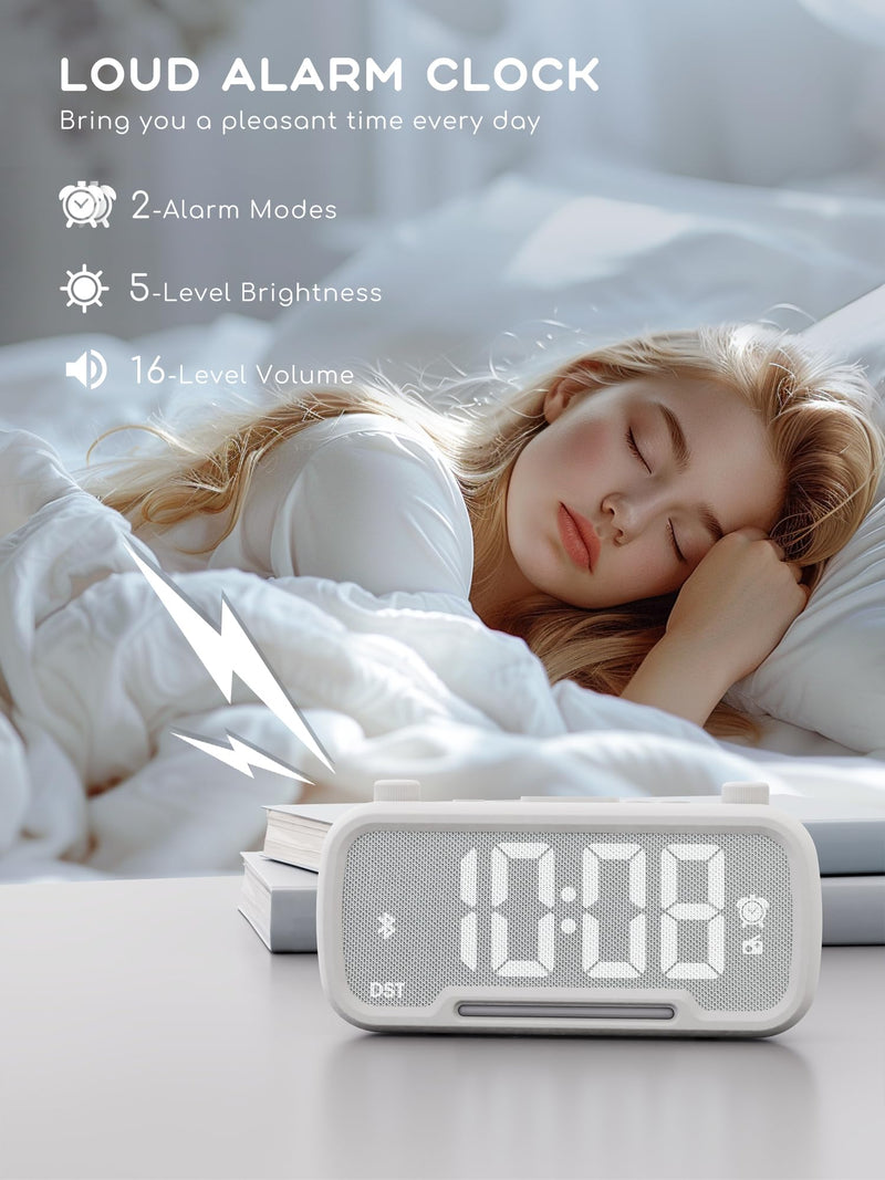 ROCAM Clock Radio, FM Radio Alarm Clock for Bedroom Modern Design, Auto Scan 20 Presets Auto-Off Sleep Timer, Bluetooth Speaker, Night Light, USB Ports, Brightness Dimmer White