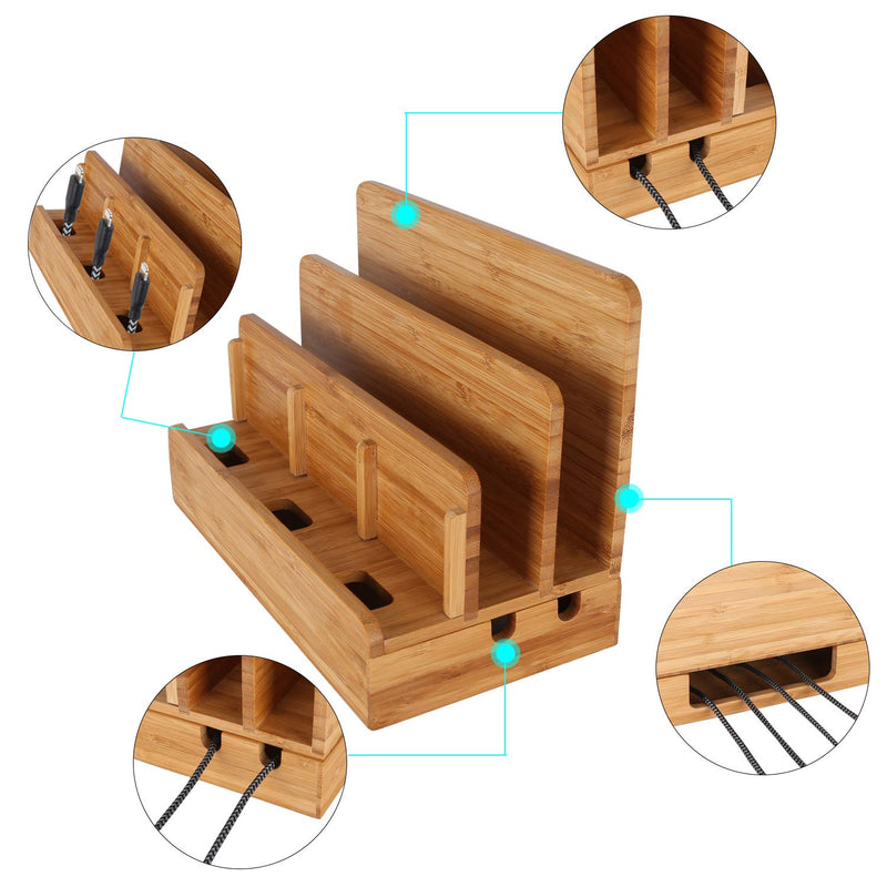 Bamboo Wood Multi-Device Desktop Charging Dock Station Charger Holder Cradle Stand Compatible for iPhone 16 15 14 13 12 11 Pro Max iPad mini Pro Air Laptop Tablets Samsung LG Sony Smartphones Large