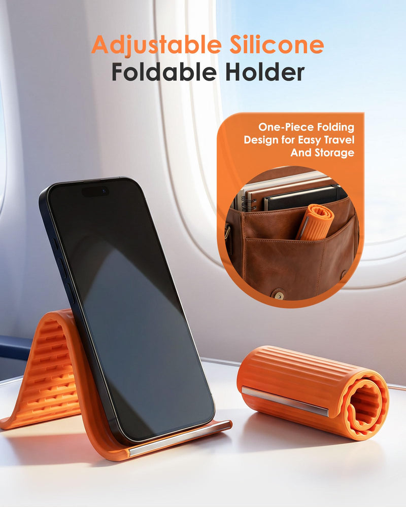 Airplane Phone Holder, Flexible Silicone Aluminum Phone Holder | Folding Cellphone Stand for Desk, Bed, Office, Treadmill - Airplane Gadgets for Long Travel Accessories - Plane Essential Orange