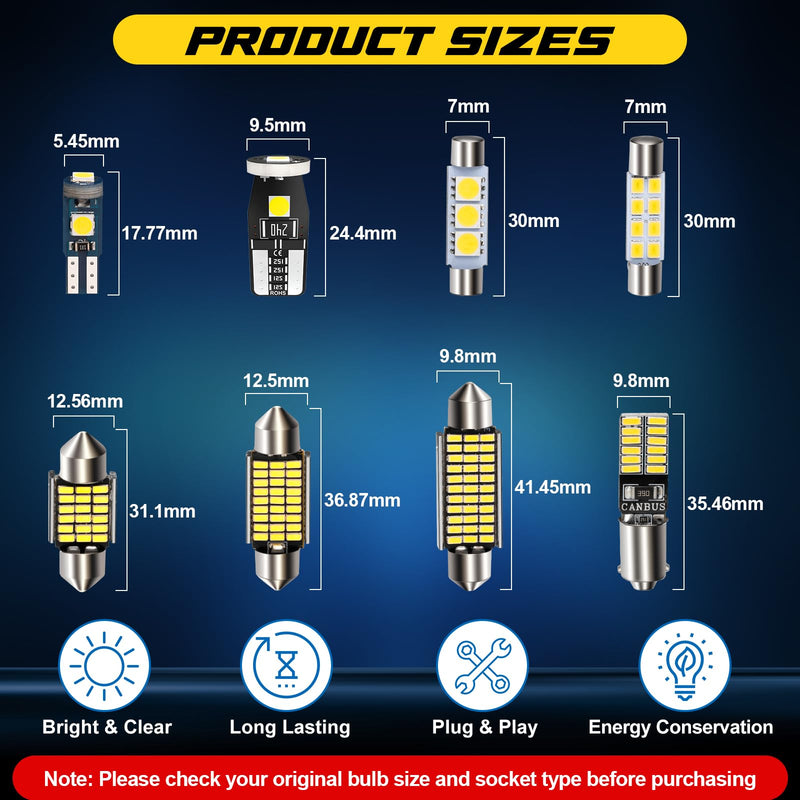 Spurtar 42PCS Interior Car Lights Super Bright White Dome Map Tail Cab Lights Bulb Kit Set T5 T10 28mm 31mm 36mm 41mm BA9S 6612F 194 LED Bulb for Trunk Cargo Door Courtesy License Plate Light 42 42 Pieces LED Light Bulb