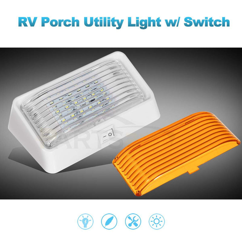 Partsam Rectangle LED Porch Light with On/Off Switch, RV Exterior Utility Light Fixture Cover Replacement for Motorhome Campers, 12V, 5th Wheels, Clear and Amber Lenses Removable White Base