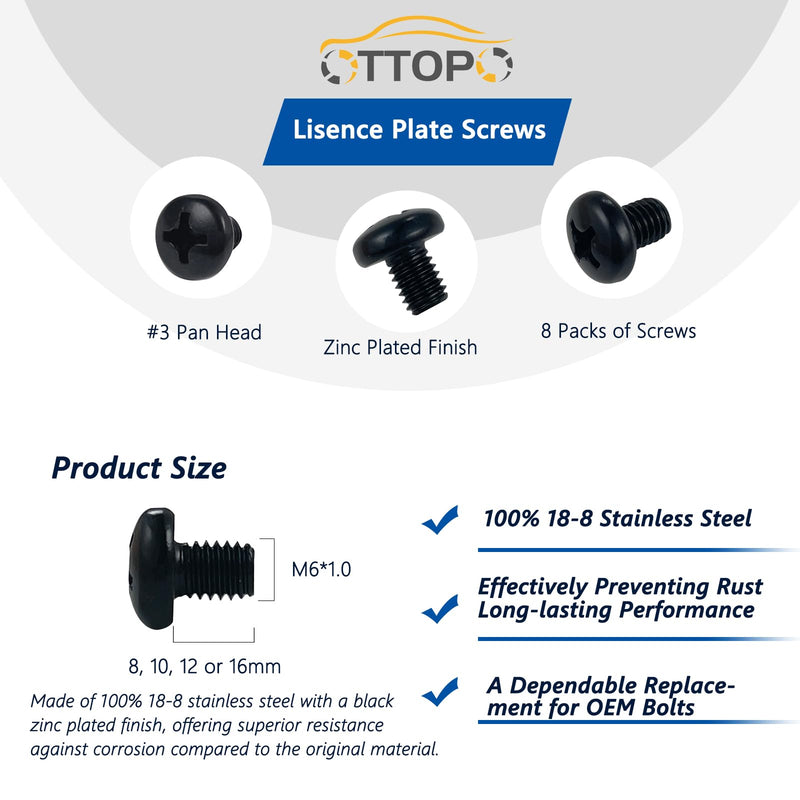 Rear License Plate Screws Black Compatible with Audi and VW M6-1.0 X 10mm 18-8 Stainless Steel Phillips Pan Head 8 Pack