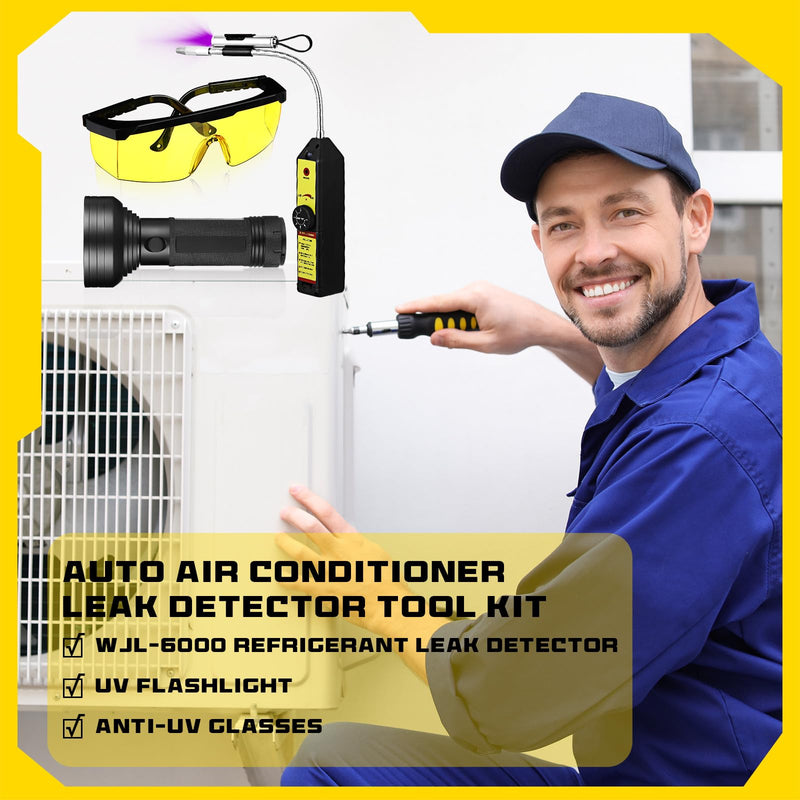 Ac Leak Detector Kit Tool Wjl-6000 Refrigerant Leak Detector with 68 LED UV Flashlight and Yellow UV Protective Glasses for HVAC Air Conditioner R22 R410a R134a(Yellow)