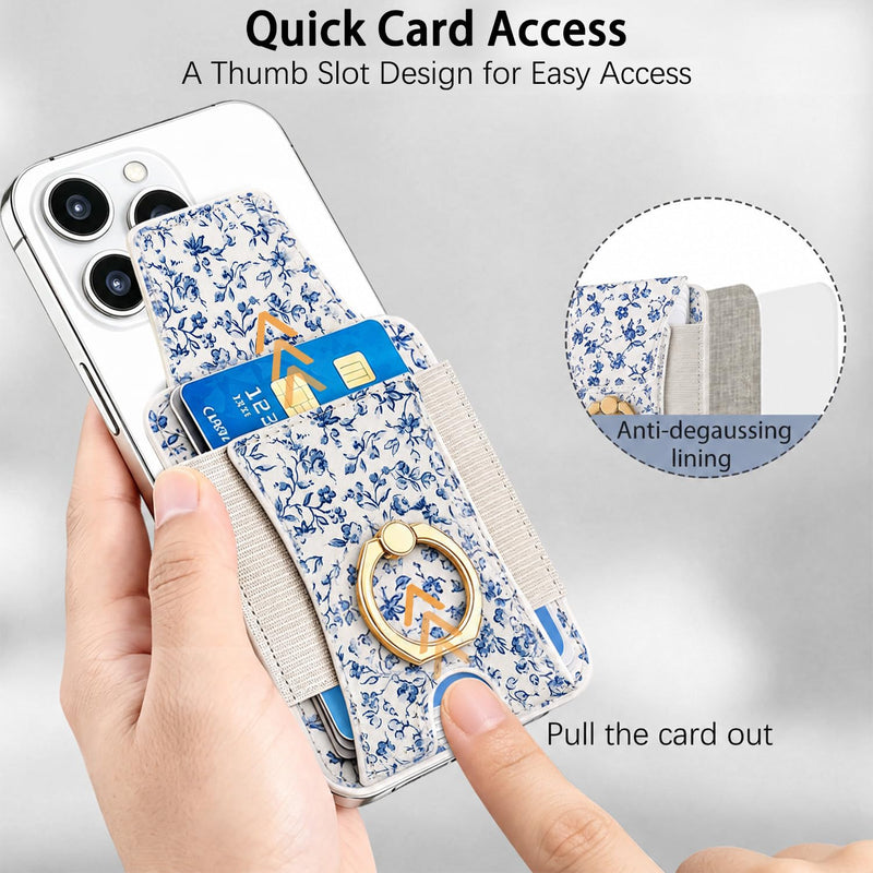 Compatible with Magsafe Ring Stand Card Holder Wallet (Blue Floral) | for iphone 17/16/15/14/13 Series for Women Men Fit 6 Cards with Privacy Flap Blue Floral