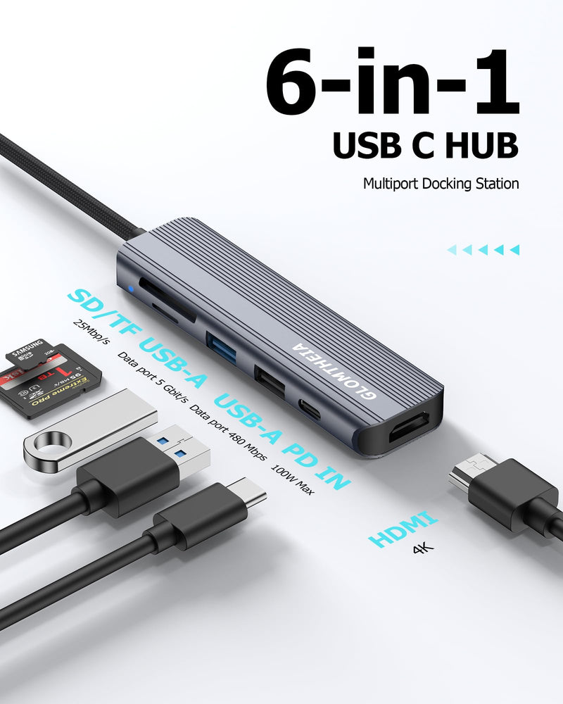 6-in-1 USB C Hub, 4K HDMI, USB 3.0, PD 100W, SD/TF Card Reader, Docking Station for MacBook Pro, MacBook Air, Laptops