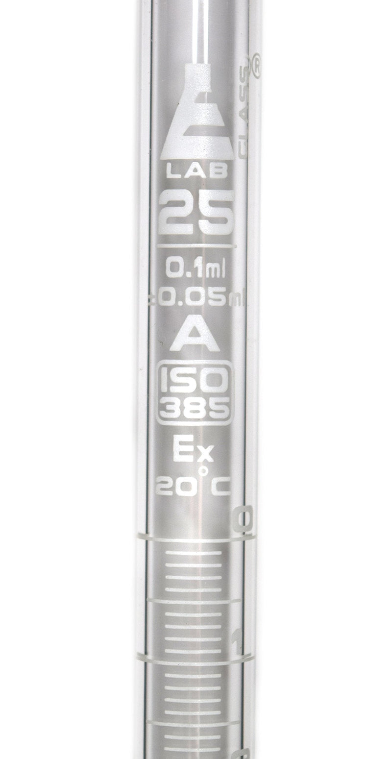 EISCO Burette, 25ml - White 0.10mL Graduations - Class A, Conforms with DIN ISO 385 Standards - Borosilicate Glass with PTFE Key Stopcock