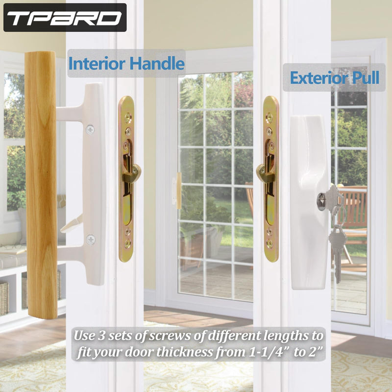 Sliding Glass Patio Door Handle Set with Key Cylinder and Mortise Lock 45° Keyway, Oak Wood Inside Handles and Zinc Diecast Outside Pull, 3-15/16" Hole Spacing, Non-Handed, White White Keyed Handles + Mortise Lock