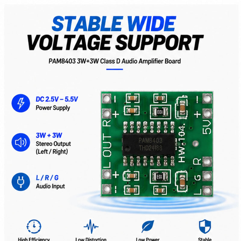 PAM8403 2x3W Stereo Class D Amp Module 2.5-5.5V USB Mini Amplifier 6-Pack | 2.5-5.5V USB-powered mini amplifier with volume control for DIY portable speakers, Arduino, and Raspberry Pi projects