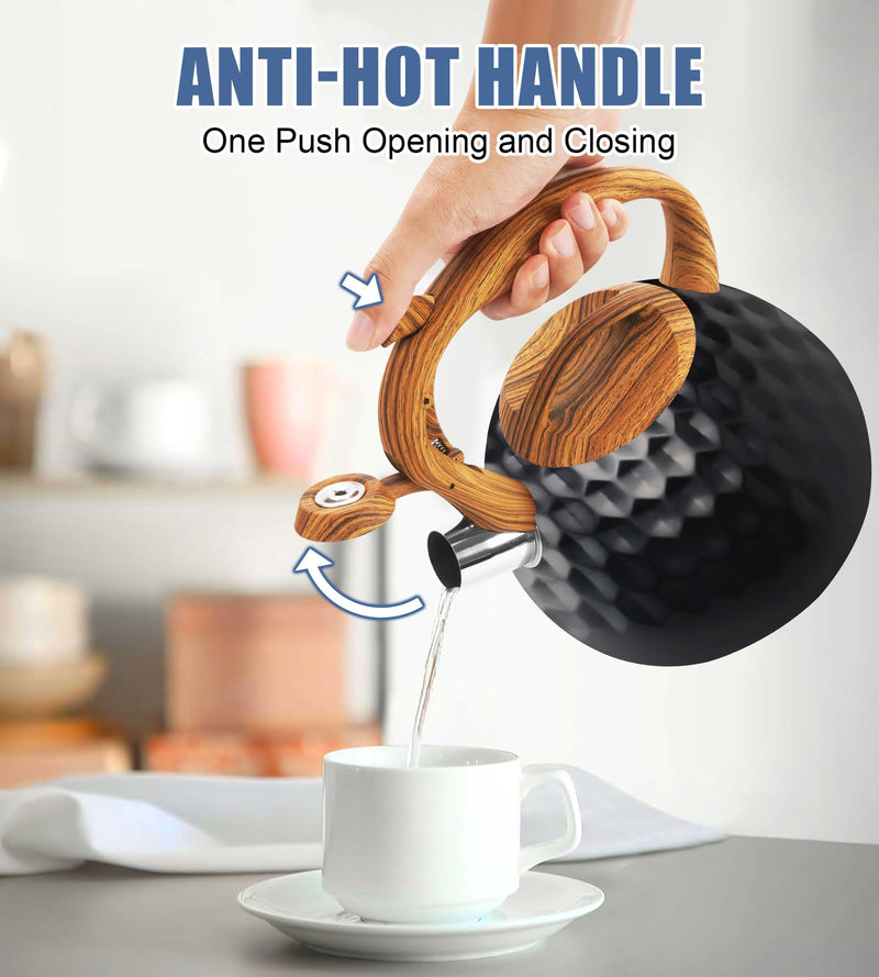 Tea Kettle Stovetop, 3.2 Qt Stainless Steel Whistling Kettle for Stove Top, Food Grade Teapot with Wood Pattern Handle for Coffee, Milk etc, Gas Electric Applicable (Black) Black