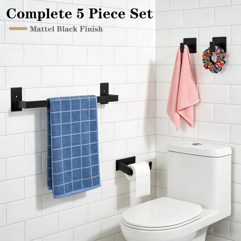 5 Pieces Self Adhesive Bathroom Hardware Set-SUS304 Stainless Steel-Towel Rack Set Include 16″Towel Bar+Toilet Paper Holder+3 Towel/Robe Hooks Bathroom Accessory (Matte Black, 16 in) Matte Black