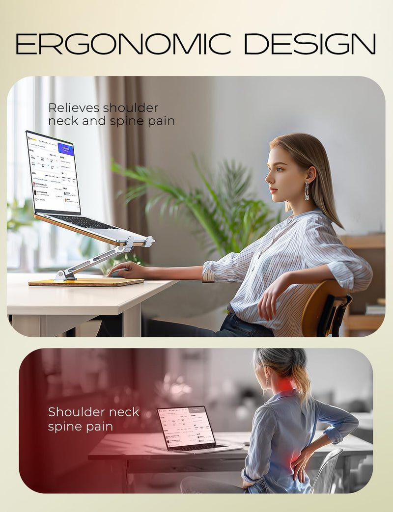 Wood + Aluminum Laptop Stand, Adjustable Height Ergonomic Laptop Riser Holder Mount, Portable Computer Notebook Stand for Desk, Compatible with MacBook Pro/Air, HP, Dell 10-16" (Walnut Grain)
