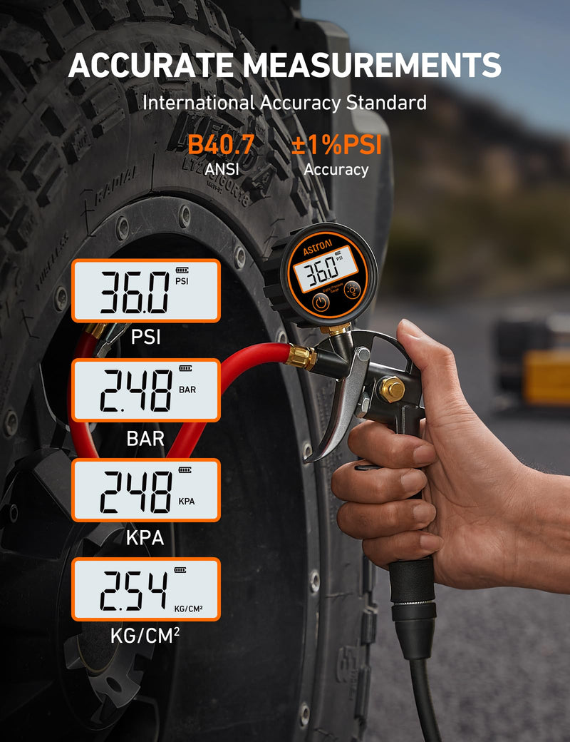 AstroAI T1 Digital Tire Pressure Gauge with Inflator, 3-250 PSI Air Chuck with Pressure Gauge, Heavy Duty with Quick Connect Coupler, Calibrated to ANSI B40.7 Grade 2A Digital 3-250 psi Red