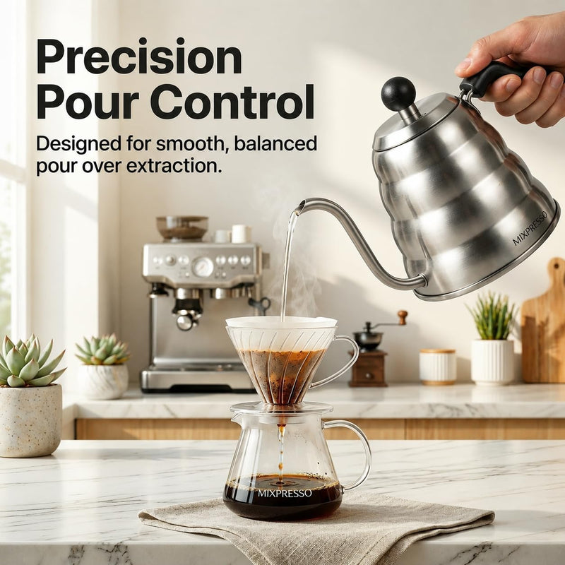 Mixpresso Gooseneck Pour Over Coffee Kettle, Barista Pour Control Design, Ideal for Coffee and Tea, High-Grade Stainless Steel 1.2 Liter 40 Oz, Induction Cooker Stovetop Kettle Stainless Steel