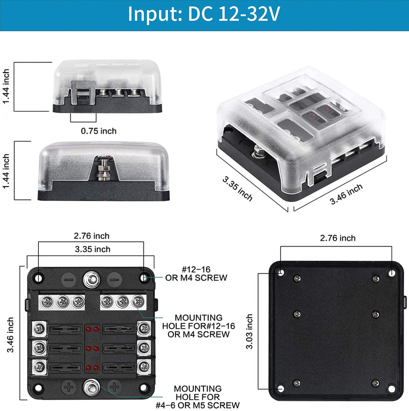 6 Way Fuse Block,12V Blade Fuse 6 Circuit ATC/ATO Waterproof Fuse Box Holder with LED Indicator Waterpoof Cover for 12V/24V Automotive Truck Boat Marine RV Van Vehicle 6 Way