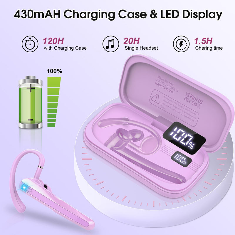 Bluetooth Headset V5.3, Wireless Headset with ENC Noise Canceling Mic | 120Hrs Talk Single-Ear Bluetooth Earpiece, LED Display, IP7 Waterproof Hand-Free Earphone for Business/Trucker, Purple