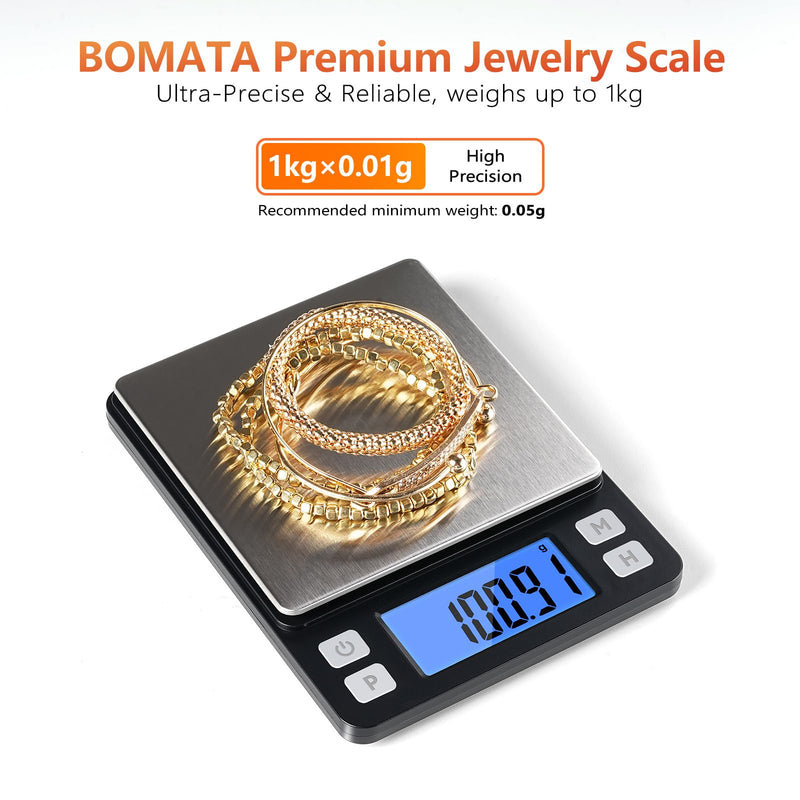 BOMATA 0.01g High Precision Jewelry Scale, 1000g Digital Gram Scale with Hold, Tare & Counting Function, Small & Portable Design for Gold, Bullion, Coins, Gemstones & Crafts, Black
