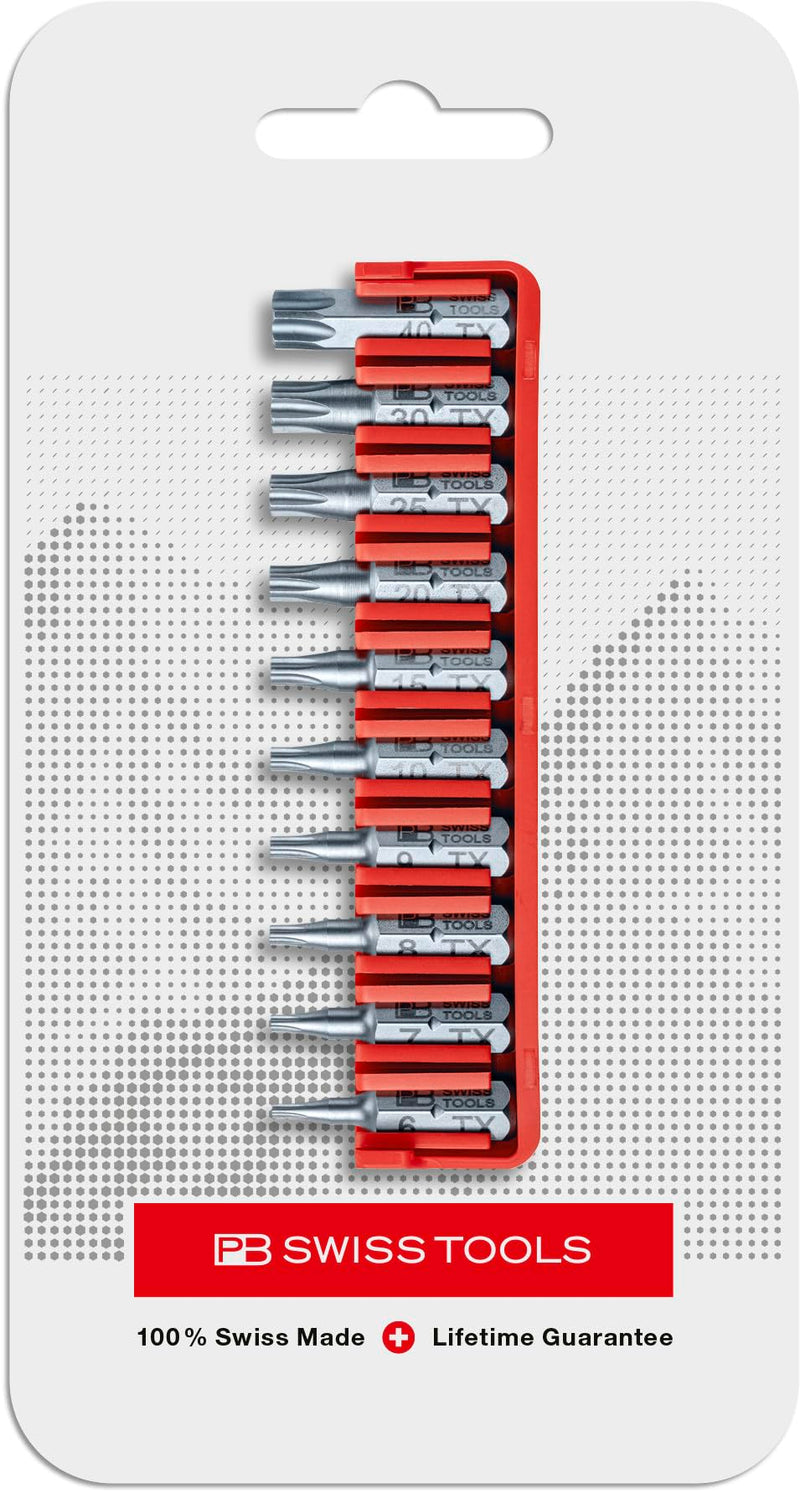 PB Swiss Tools Torx Bit Block PB C6.703 CN | 100% Swiss Made | 10-Piece Bit Set with C6 1/4" PrecisionBits, Sized T6-T40