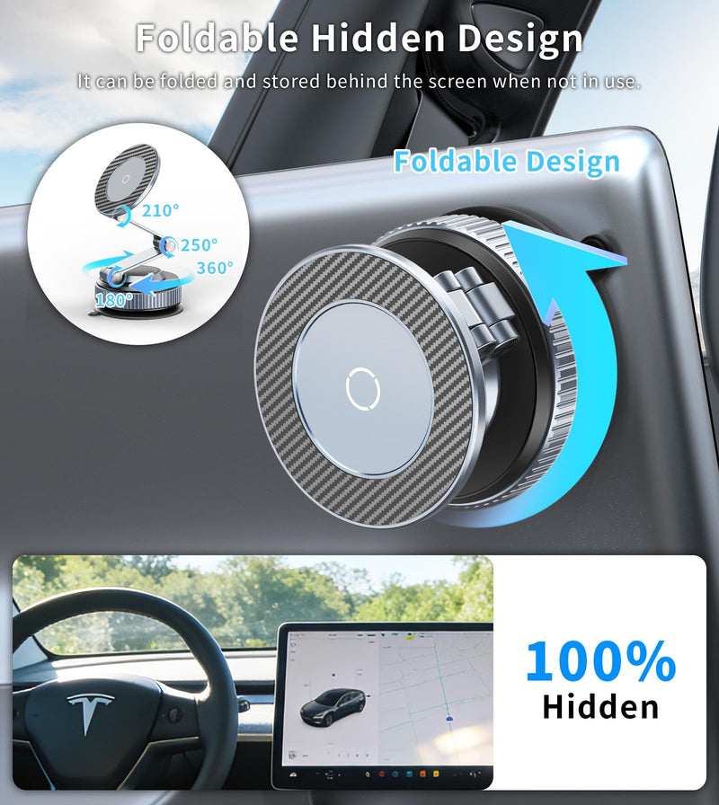 All-metal Magnetic Car Mount for Tesla,Strong Magnet &Foldable Phone Holder | 360°Adjustable Car Accessories for Tesla Model 3 and Y，Phone Mount Compatible with iPhone 17 16 15 Pro Max 001