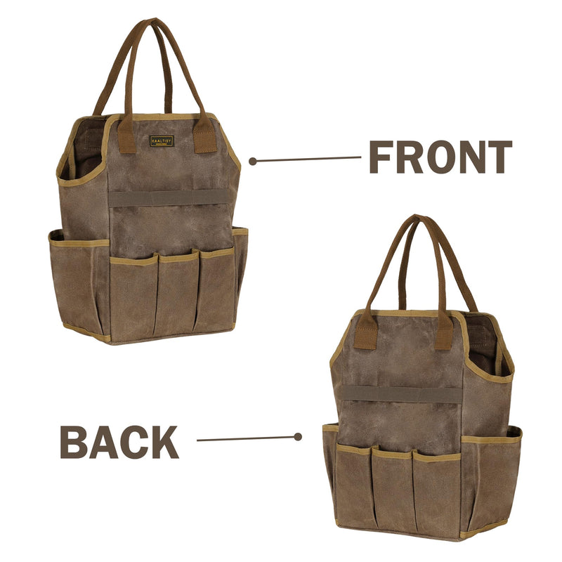 Canvas Garden Tool Bag, 16OZ Waxed Canvas Garden Tools Storage Tote - with 3 Inner Slots + 8 Outer Pockets, Multi-Functional Tool Organizer Bag for Gardener Florist Workshop, Grey, 9.5 x 6 x 15.5 In