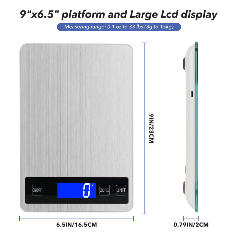 33lb Food Kitchen Digital Scale,1g/0.05oz Precise Graduation, USB Charging Kitchen Scale, Waterproof Stainless Steel with LCD Display, Ounces and Grams for Weight Loss, Cooking, Baking (Silvery) silvery