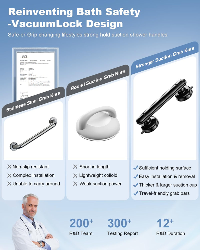 JOTPE 2 Pack Grab Bars for Bathtubs and Showers, No Drilling & Removable Shower Grab Bar Easy to Install, Heavy Duty Suction Grab Bars for Shower, Safety Shower Handle for Balance (11 inch)