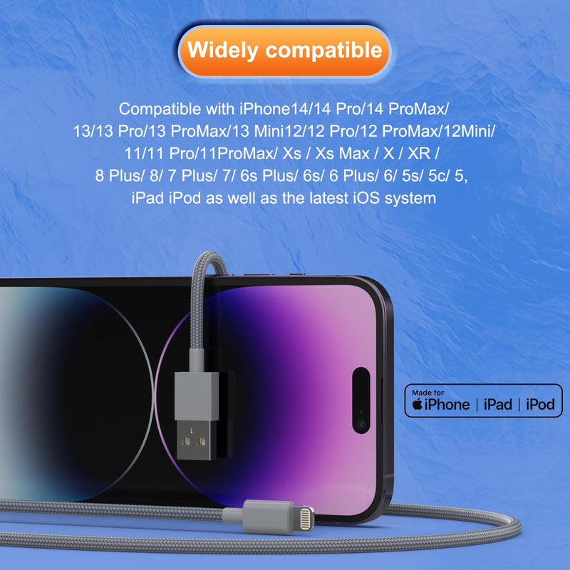 [Apple MFi Certified] 6Pack(3/3/6/6/6/10 FT) Original iPhone Charger Fast Charging Lightning Cable iPhone Charger Cord Compatible with iPhone 14/13/12/11 Pro Max/XS MAX/XR/XS/X/8/7 Plus iPad AirPods Black Grey Orange