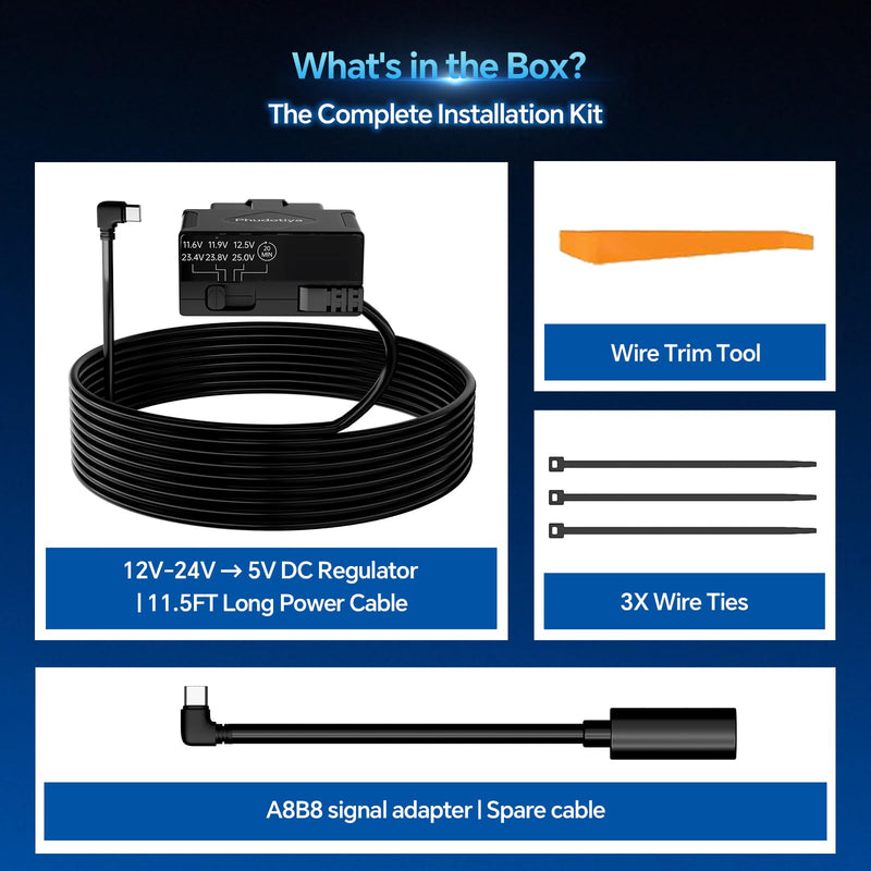OBD2 to USB-C Power Cable for Dash Camera, OBD Dash Cam Hardwire Kit with Acc Detection, 4-Level Low Volt Protection & LED Voltmeter, Plug & Play OBDII Adapter for 24/7 Parking & Continuous Recording