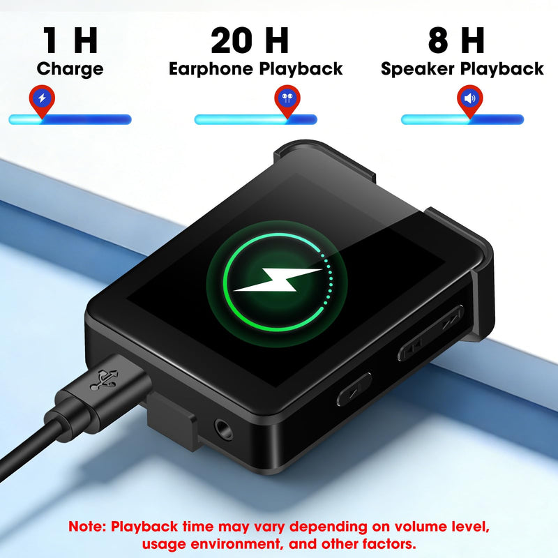 Bluetooth 5.3 Mini MP3 Player, 1.8" Touchscreen Portable Tiny Music Player with Speaker, FM Radio, Voice Recorder, Pedometer, Detachable Sports Clip with Earphones, 8GB Expandable up to 128GB, Black 8.0 GB