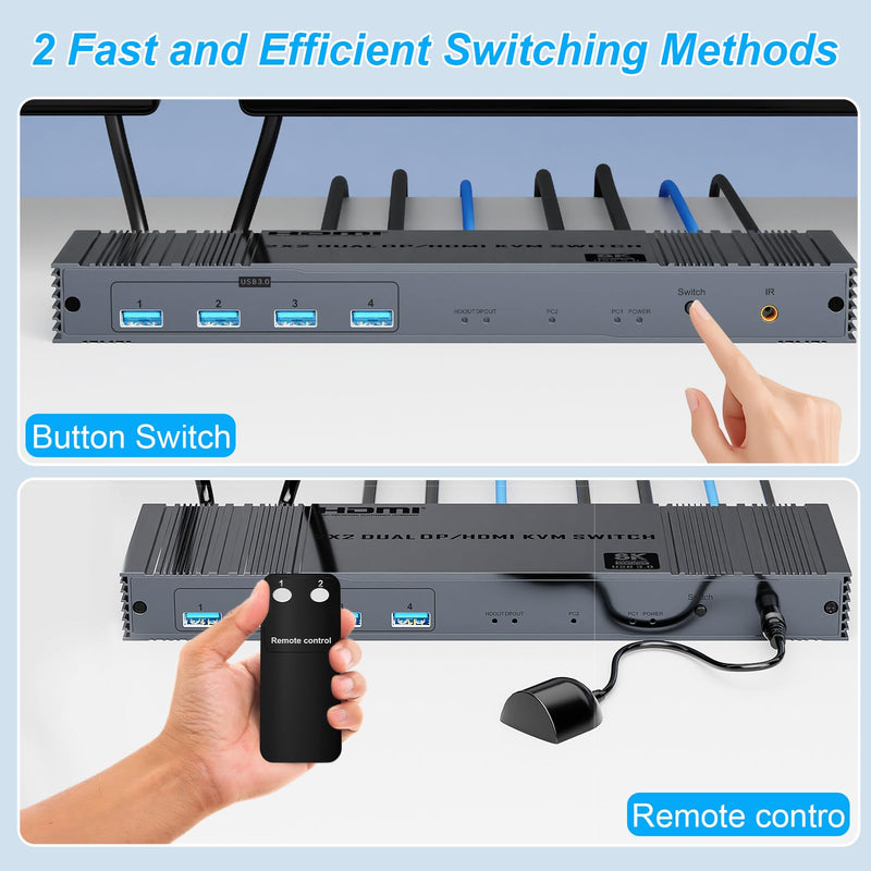 8K HDMI and Displayport KVM Switch 2 Monitors 2 Computers USB 3.0 Dual Monitor HDMI+DP KVM Switch for 2 Computers Share 2 Monitors and 4 USB 3.0 for Keyboard Mouse with IR Controller