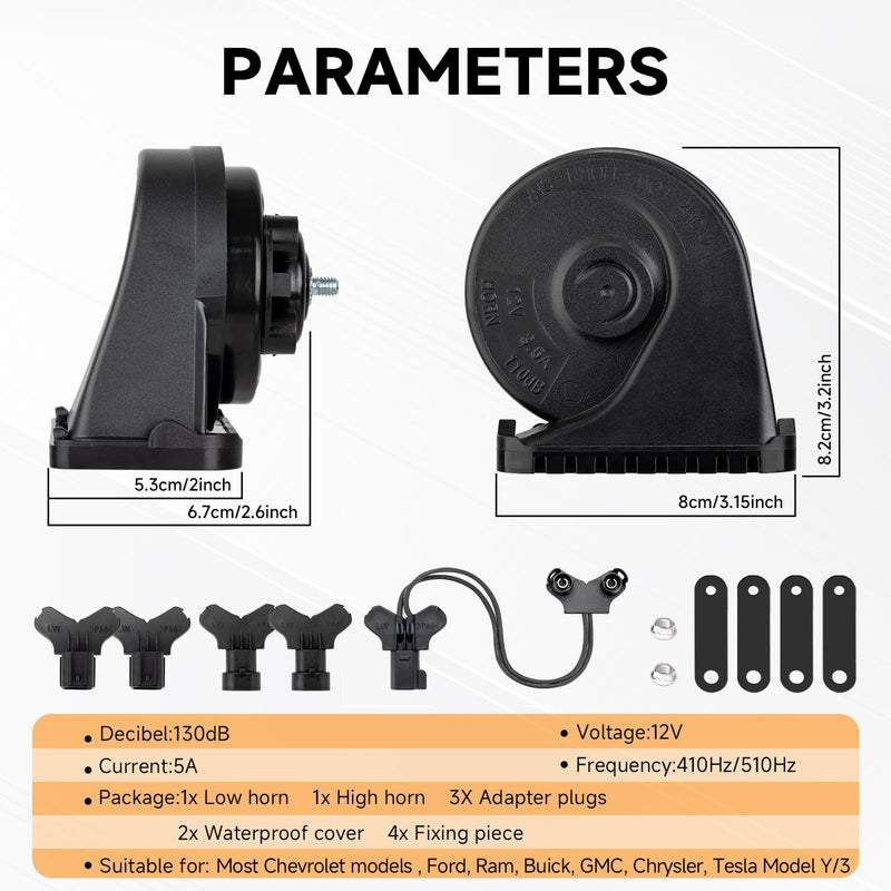 Auto Horn Suitable for Chevy/GMC/Ford 12V Car Horns Loud with Protective Grill Dual-Tone Electric Snail Horn Waterproof and Dustproof Compatible with Chevy horn