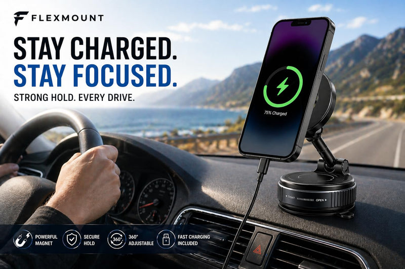 Car Phone Holder Mount, Manual Vacuum Magnetic Suction Cup for Dashboard & Windshield, 360° Adjustable Phone Holder for Car, MagSafe Compatible, USB-C Cable Included, iPhone & Android