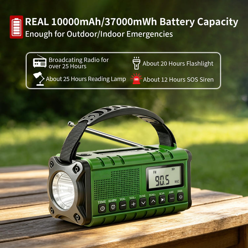10000mAh/37000mWh Emergency Radio-Weather Radio Portable AM FM Auto Scan with Solar Panel/Hand Crank/AC Input Rechargeable Battery with Flashlight Reading Lamp SOS Siren for Indoor/Outdoor Emergency Green