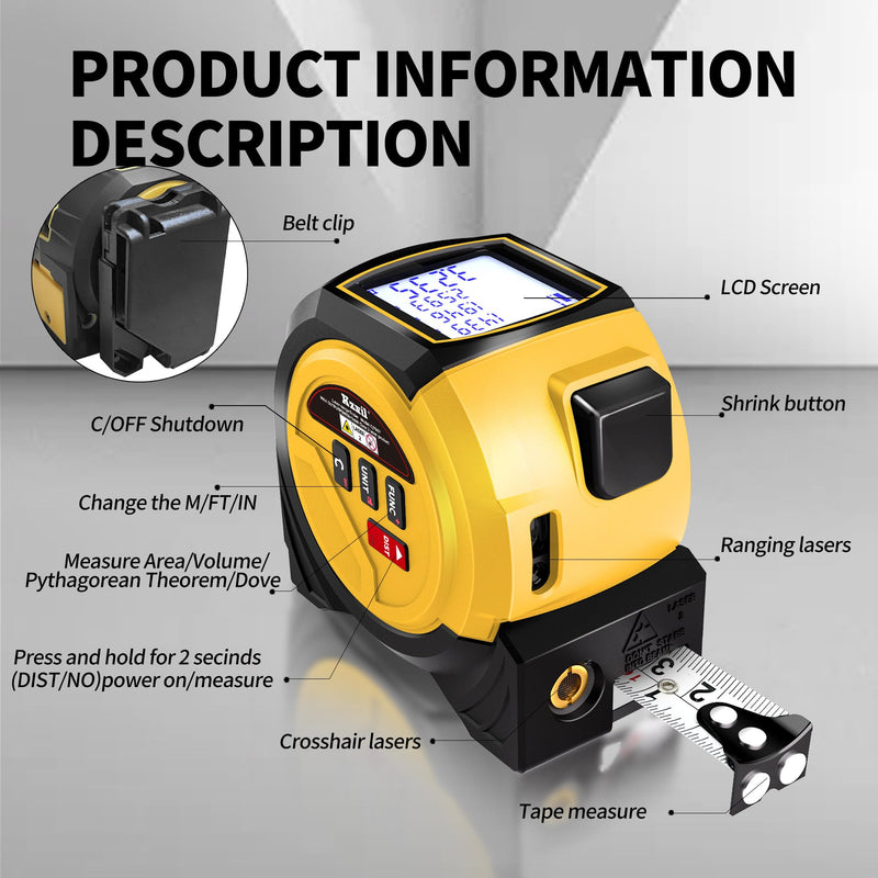 Laser Tape Measure 3 in 1 Laser Rangefinder Tape Measure 131ft Laser Measuring Tape & 16ft Tape Measure for Pythagorean, Area, Volum, Multi-Unit Conversion (Ft/Ft+in/in), Yellow