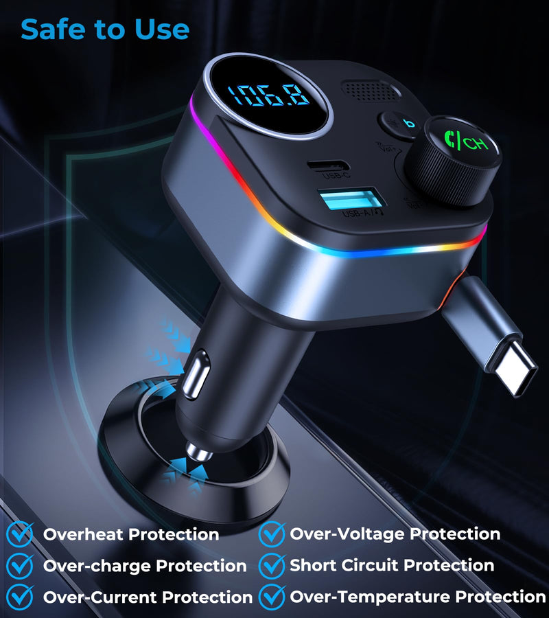 Bluetooth 5.4 FM Transmitter, 72W Car Charger with 45W Retractable USB-C PD | Built-in Cable, Hands-Free Calling, Deep Bass, LED Display, USB Drive Music Player for Cars Trucks