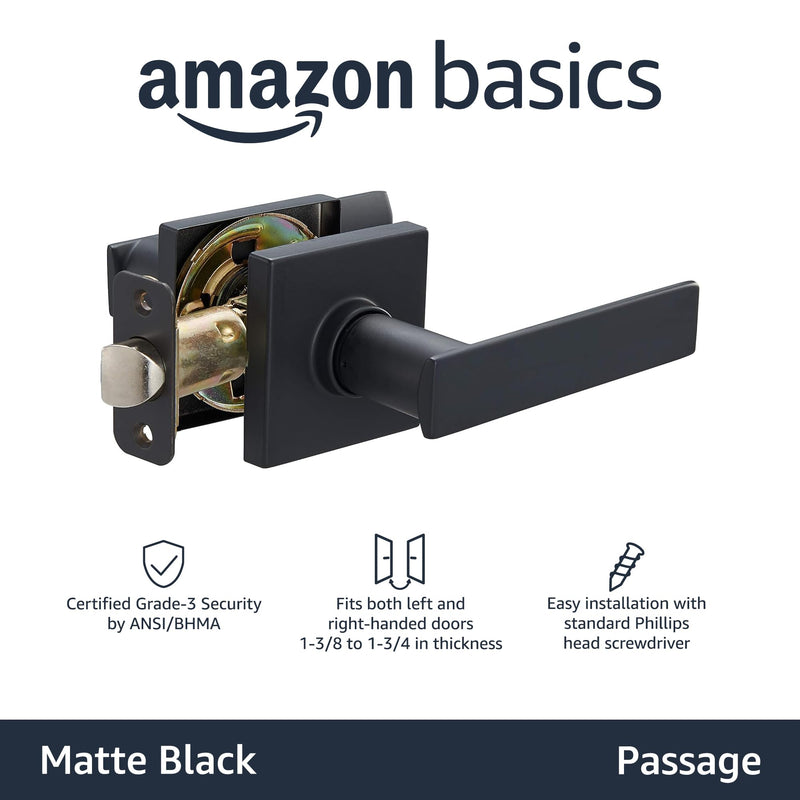Amazon Basics Contemporary Stamford Passage Door Lever, Easy Installation, Matte Black, 1-Pack 1 Pack