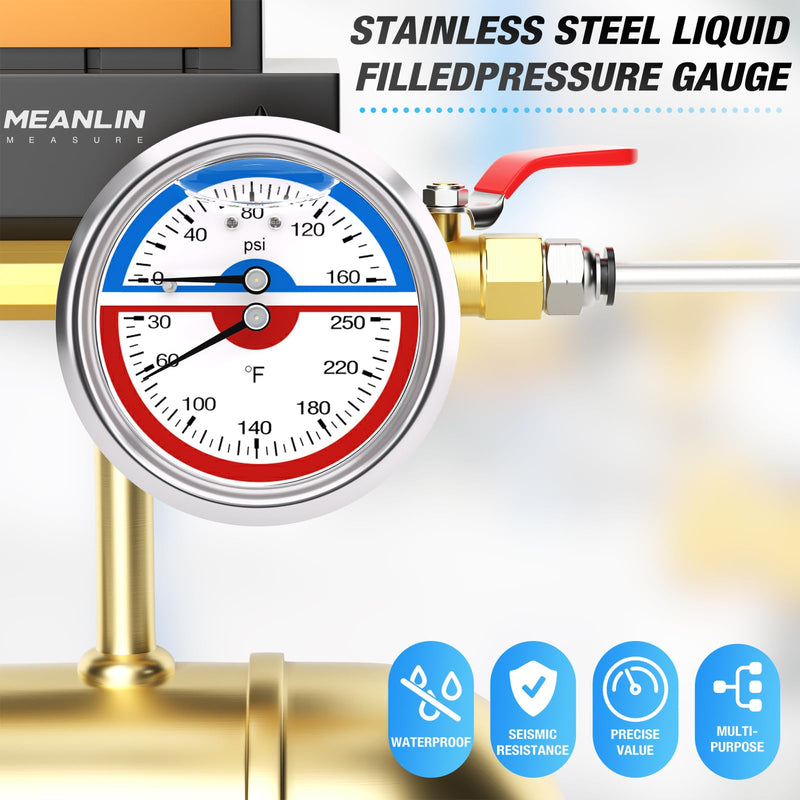MEANLIN MEASURE 0-160Psi Stainless Steel Thermal Pressure Gauge 30-250℉ Liquid Filled Pressure Gauge 1/4" NPT 2.5" FACE DIAL, with Teflon Tape, Back Mount