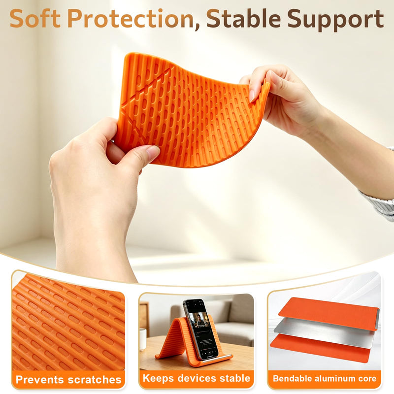 Flexible Silicone Phone Stand with Aluminum Core, Foldable Silicone Phone Holder for Cell Phones, Tablets & Small Devices, Adjustable Desktop & Airplane Phone Holder for Travel, Office & Home (Orange) Orange