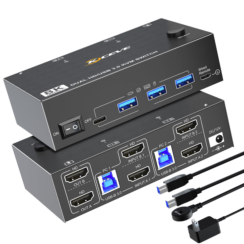 8K HDMI KVM Switch 2 Monitors 2 Computers, Dual Monitor KVM Switches HDMI Support 8K@60Hz 4K@120Hz, for 2 Pcs and 4 USB3.0 Devices,Support Extended and Copy Mode, Wired Remote and power adapter