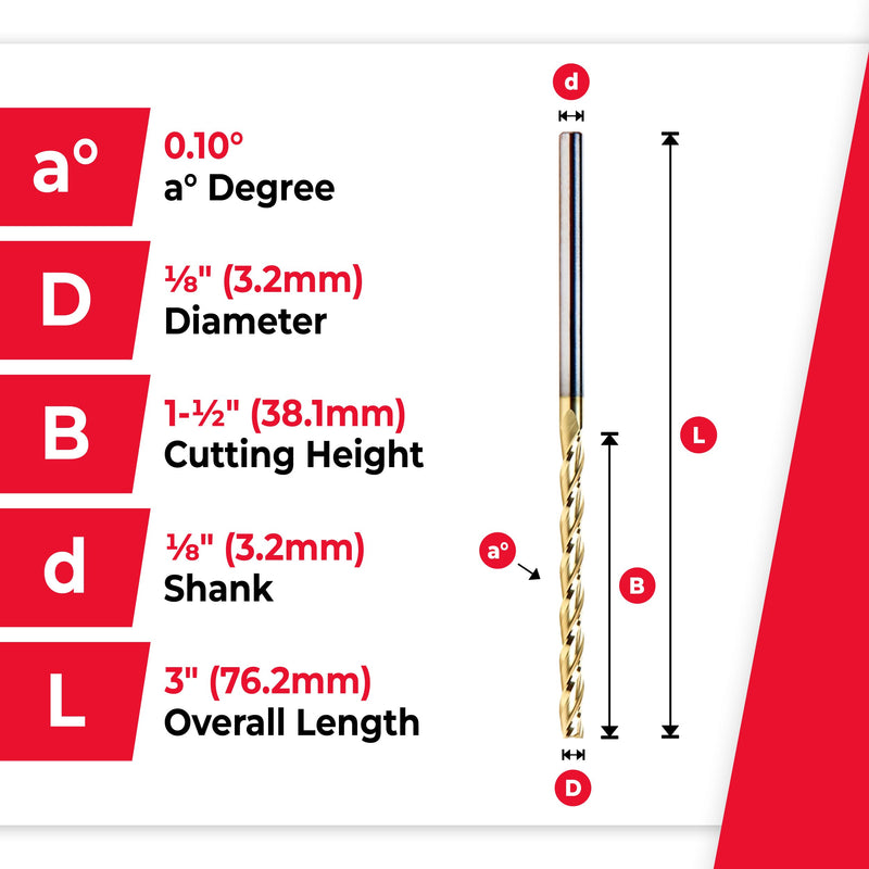 Amana Tool CNC Router Bits for 2D/3D Carving Flat Bottom, ZrN Coated, 46299, 0.10 Deg Angle x 1/8 Dia x 1-1/2 x 1/8 Shank x 3 Inch Long x 3 Flute 1/8 in