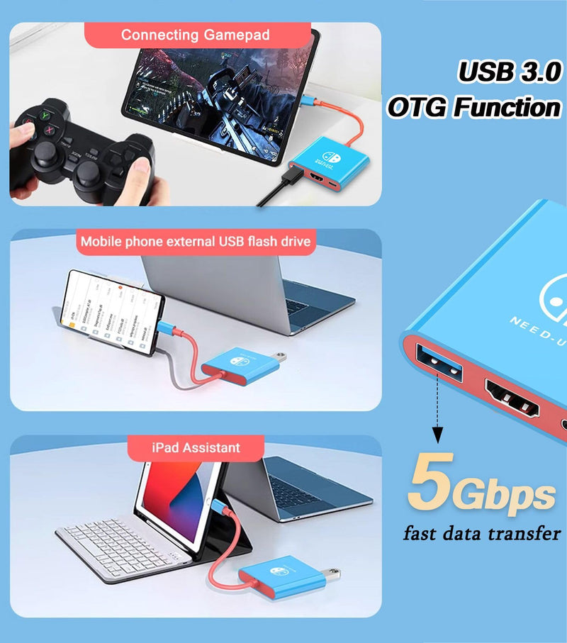 Switch Dock, TV Docking Station for Nintendo Switch/Switch OLED/Steam Deck, 4K@30HZ/1080P@60HZ Portable Switch TV Dock with PD 100W Charging, USB 3.0 Port（3-in-1 Adapter