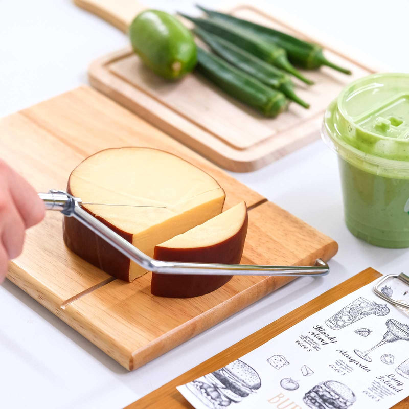 LZMS Wooden Cheese Cutting Board, Cheese Slicer Kit with Replaceable Stainless Steel Cutting Wire, Guillotine for Effortless Block Cheese, Sausage, Ham and Jerky Slicing (Rubberwood) Rubberwood
