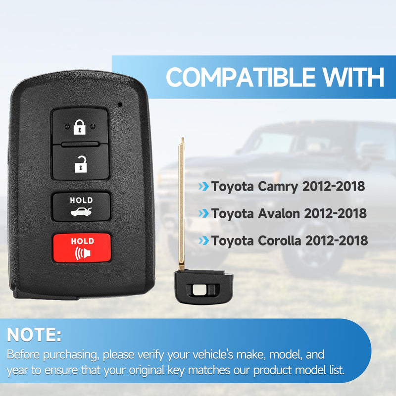Key Fob Replacement Remote fits for Toyota Camry Avalon Corolla 2013 2014 2015 2016 2017 2018 Smart Car Keyless Entry Remote HYQ14FBA 281451-0020G 314.3Mhz 8A