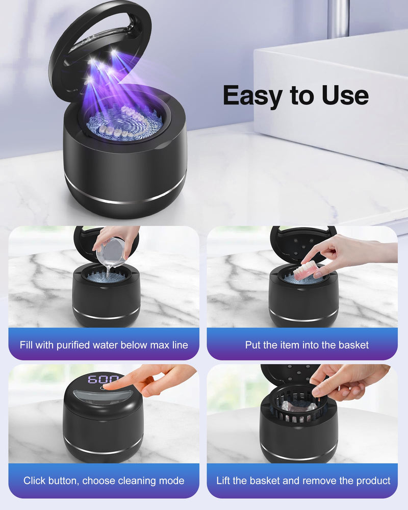 Miorcols Ultrasonic Retainer Cleaner Machine, 48kHz Denture Cleaner Machine with Dual Mode Digital Timer & 7.8OZ Large Capacity for Braces, Night Guard, Mouthguard, Toothbrush, Jewelry - Black