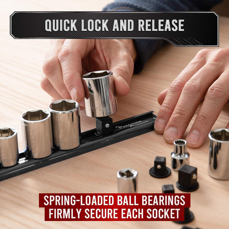 Precision Defined Aluminum Tool Socket Holder | Black, Single 3/8-Inch Socket Organizer x 16 Clips | Heavy Duty Socket Rails Organizer, Socket Storage, Socket Tray 360 Rotation 3/8-Inch Drive