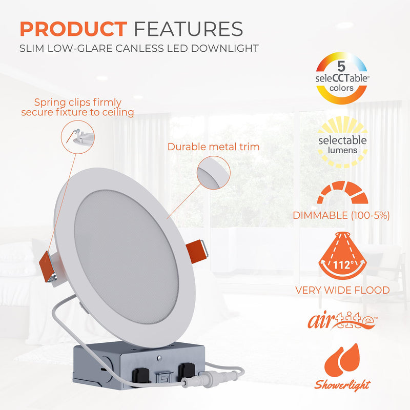HALO HLB 6 in LED Recessed Lighting Canless Dimmable Wet Location Selectable Lumens and Selectable Color 27/30/35/40/5000K Indoor Outdoor Soffit Ceiling Downlight HLB6LSFS5 6 inch 1