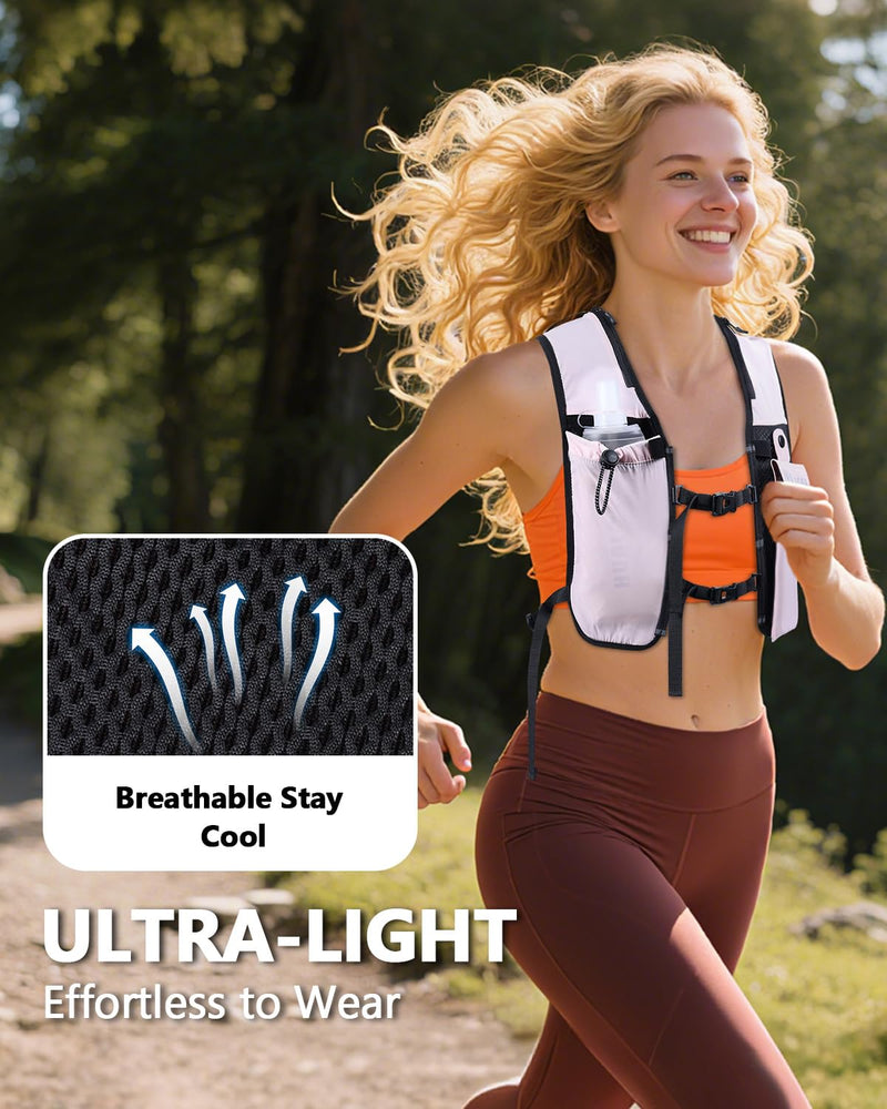 Running Hydration Vest for Women Men,Lightweight Breathable Hydration Pack with 500ml Soft Flask, Adjustable Chest Straps Reflective Backpack for Trail Running Marathon Race Jogging Cycling Pink