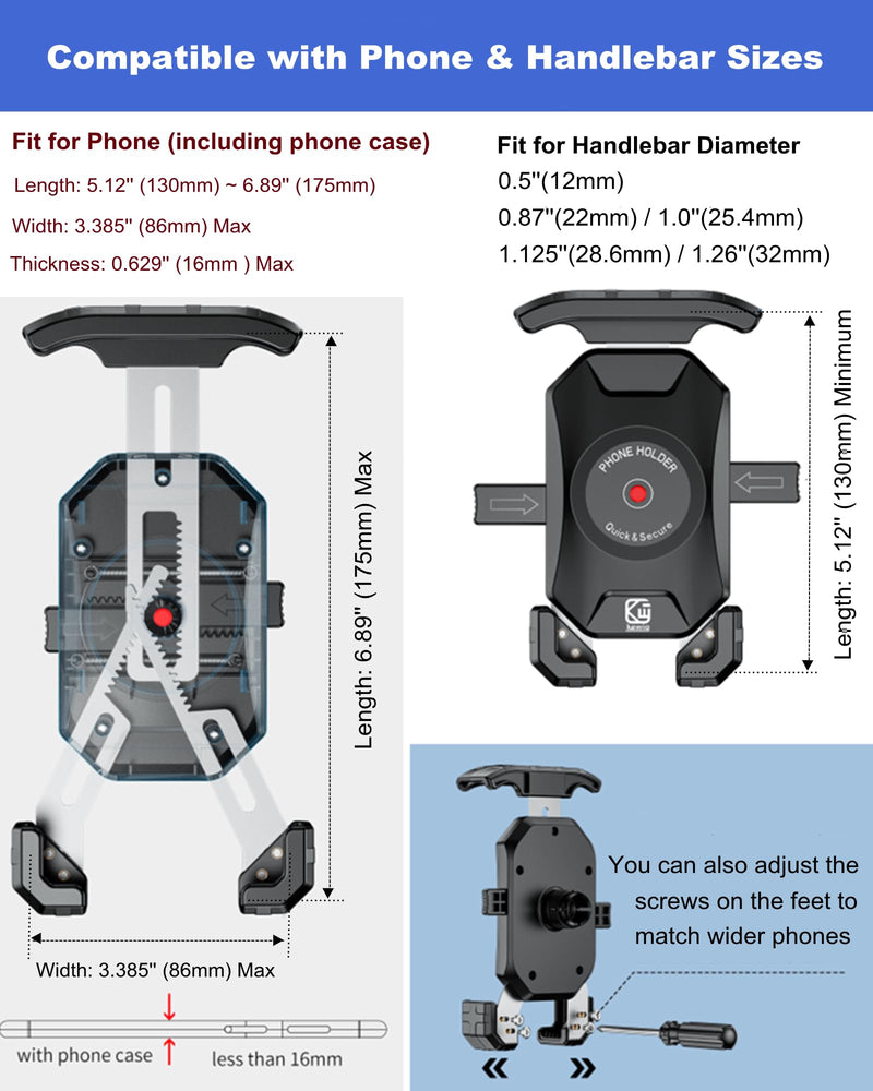  [AUSTRALIA] - BRCOVAN Motorcycle Phone Mount, [1s Lock] [One Hand Operation] Bike Phone Mount, Aluminum Alloy Mounting Base Handlebar Cell Phone Holder for Bicycle Motorcycle ATV Scooter Fit 4''-7'' Smartphones